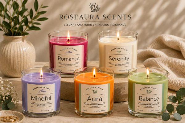 Five lit Roseaura Scents candles for mood enhancement in various colors.