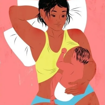 A series of three stylized illustrations depicting stages of motherhood.