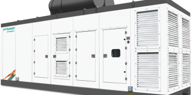 Large industrial generator unit with ventilation panels and access doors.