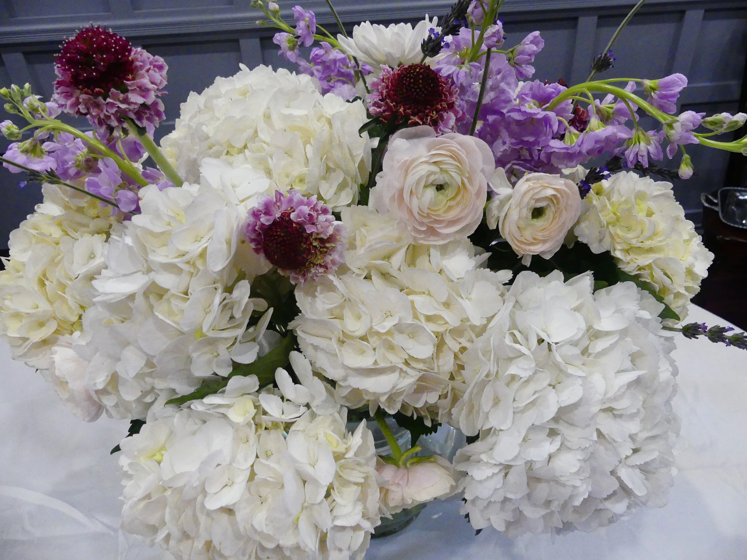 Wedding and Party Decor - Florals with white hydrangea, sweet pea, ranunculus and scabiosa