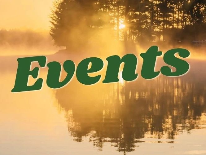 Sunset scene with trees reflected in water and the word 'Events' overlayed.