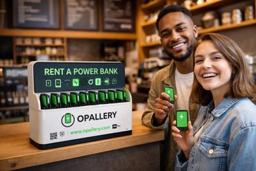 Two smiling people holding rented power banks at a charging station.
