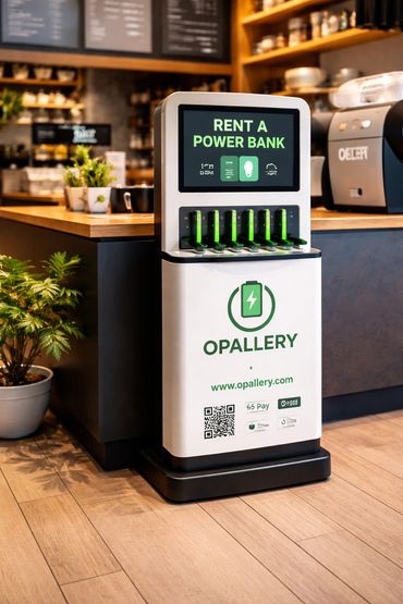 A power bank rental station in a cozy cafe setting.