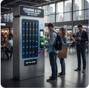 People renting portable power banks from a Charge & Go kiosk in a busy indoor space.
