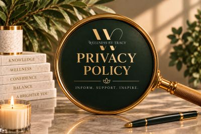 Magnifying glass highlighting Privacy Policy text on a desk.