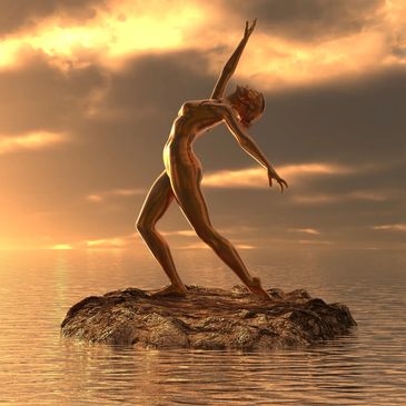 A graceful figure dances on a rock amid a golden sunset over calm waters.