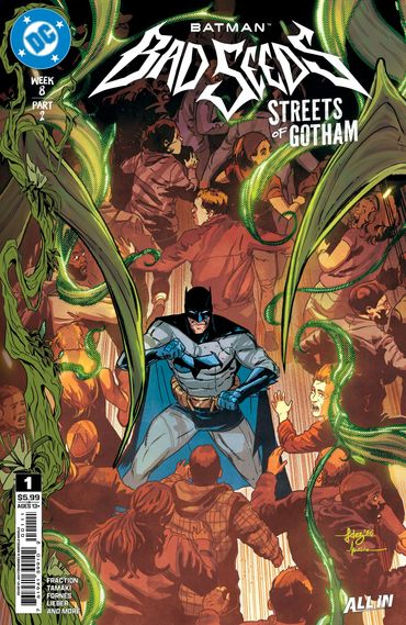 Batman battles green tendrils on Gotham's crowded streets.