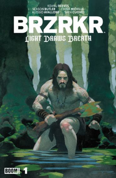 Comic cover of BRZRKR featuring a warrior in a forest stream.