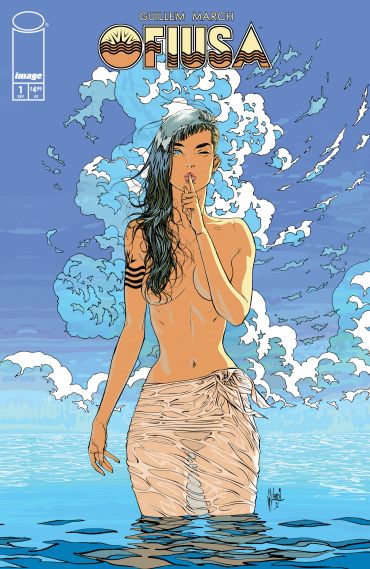 A woman standing in the sea with finger to lips, signaling silence.