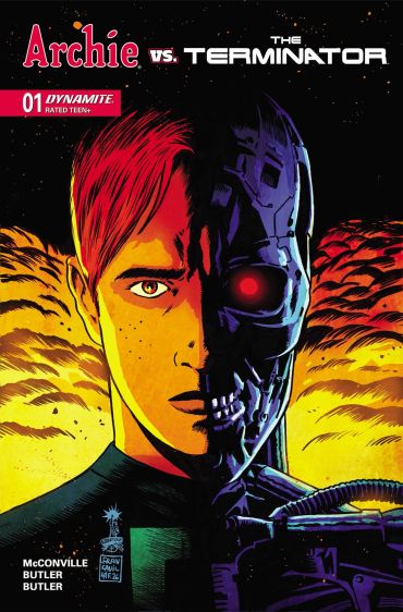 Archie vs. The Terminator comic cover with half-human, half-Terminator face.