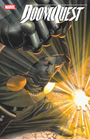 Doomsday armored figure unleashing a powerful energy blast on Marvel's Doomquest comic cover.