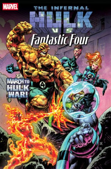 Comic cover of The Infernal Hulk vs Fantastic Four with vibrant action scene.