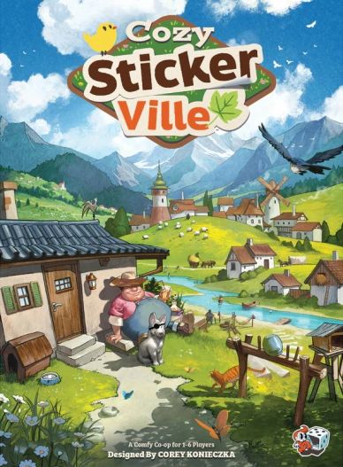 Cozy Sticker Ville board game cover art featuring a peaceful village scene.