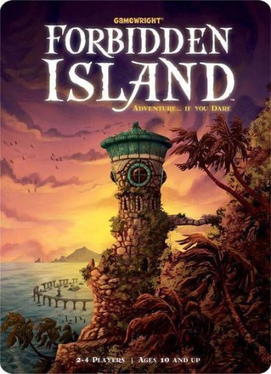 Cover art of Forbidden Island board game with a tower at sunset.