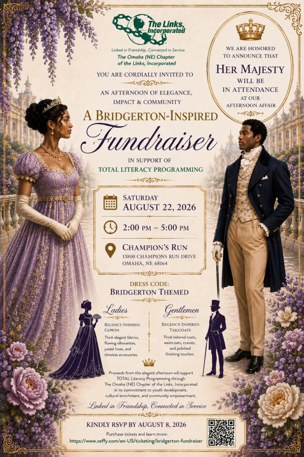 Bridgerton-inspired fundraiser invitation with elegant Regency-themed attire and royal attendance.