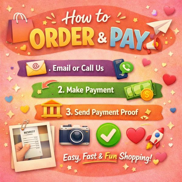 Steps to order and pay: contact, pay, and send proof for easy shopping.