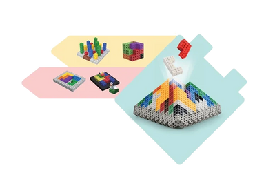 Colorful building blocks assembling into various shapes and puzzles.