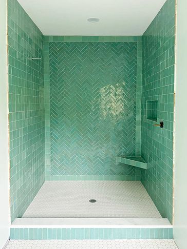 Aqua blue Zellige tile in large shower