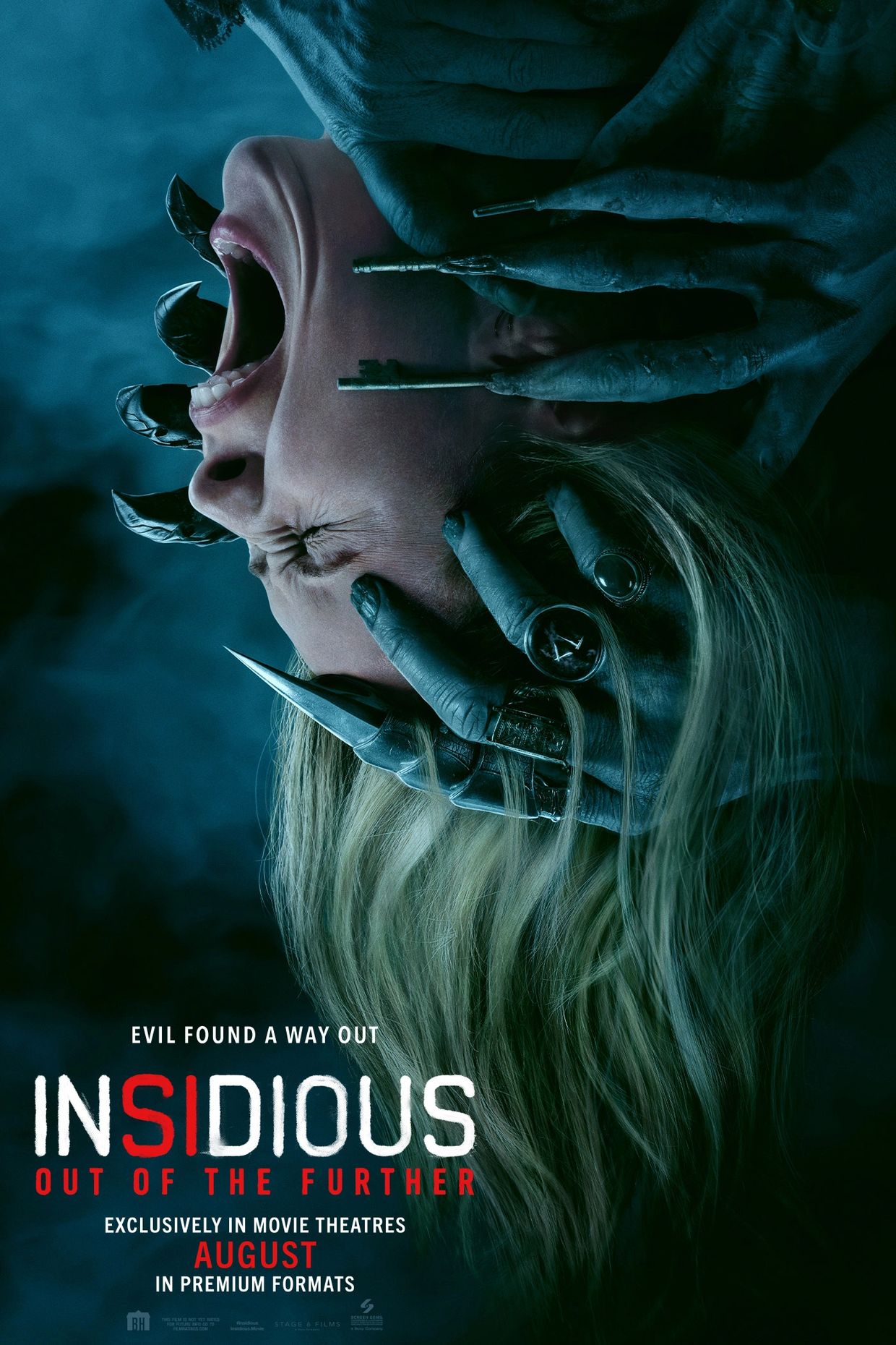 Terrified woman with demonic claws holding her head on Insidious poster.