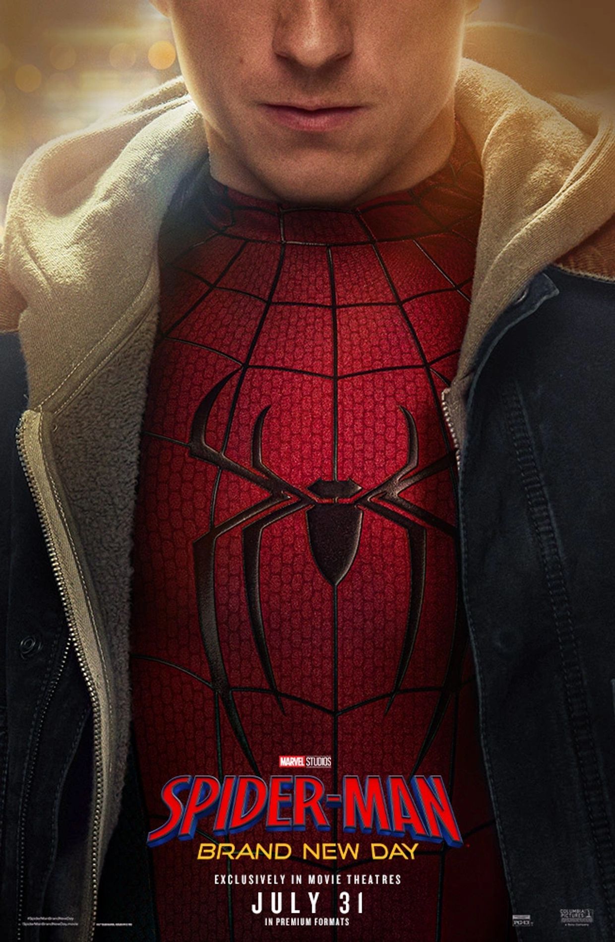 Spider-Man in his iconic suit with movie title and release date.