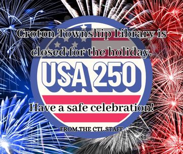 red, white, blue fireworks in background. holiday closing information. USA 250