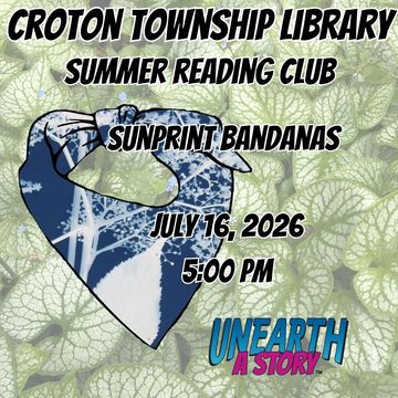 foliage in background. bandana with cyanotype sunprint. event information