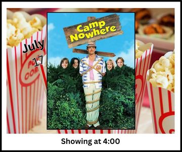 event information. popcorn in background. movie poster for featured movie