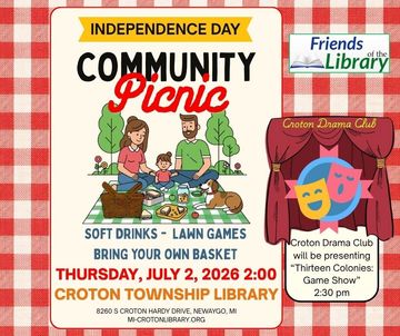 red gingham background. Event information. family having picnic