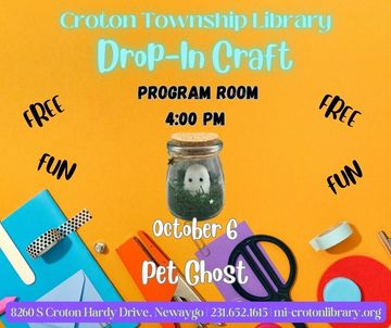 Craft supplies on yellow background, example of pet ghost. event information