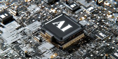 Close-up of a microchip labeled AI on a complex circuit board.