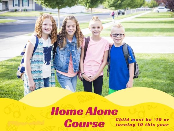 Four smiling kids with backpacks outdoors for a Home Alone Course.