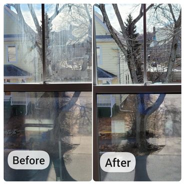 Before and after photos of a window that we cleaned.