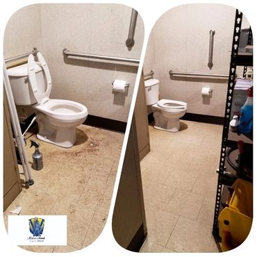 A before and after photo of a bathroom we cleaned.