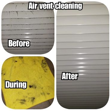 Photos of an air vent we cleaned. This shows what it looked like before, after, and during.