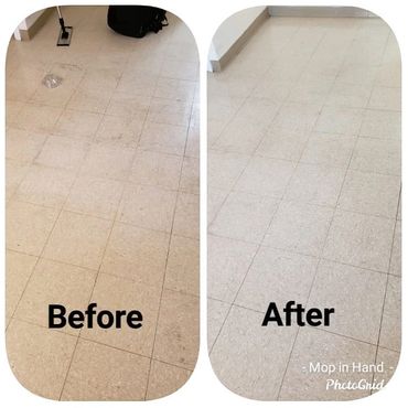 Before and after photos of a tile floor that we cleaned.