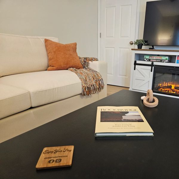 Cozy living room with beige sofa, orange pillow, and electric fireplace.