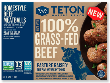 Package of Teton Waters Ranch grass-fed beef meatballs.