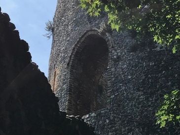 Ancient stone archway on a weathered castle wall with greenery nearby.