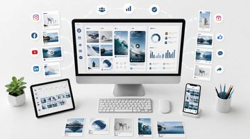 Workspace with multiple devices displaying data analytics and social media icons.