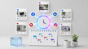 Digital calendar and clock surrounded by social media icons and posts.