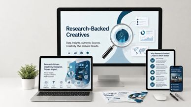 Multiple devices displaying a presentation on research-backed creatives with charts and insights.
