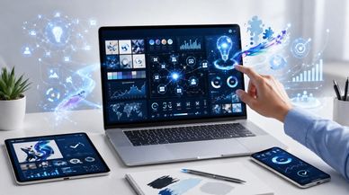 Person interacting with futuristic digital data on laptop and mobile devices.