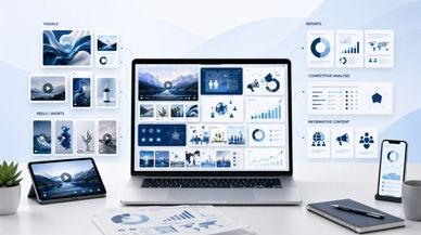 Multiple devices displaying digital business analytics and reports.