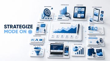 Digital marketing strategy concept with charts, graphs, and analytics tools.