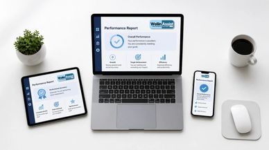 Workspace with laptop, tablet, and phone showing performance reports.
