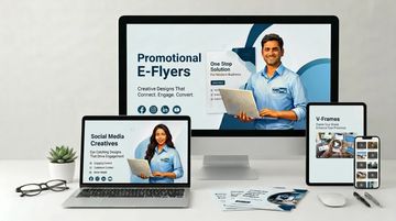 Workspace displaying digital promotional e-flyers on multiple devices with a clean, modern aesthetic.