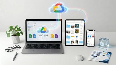 Devices syncing data to Google My Cloud with a colorful cloud icon.