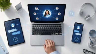 A person uses biometric authentication to connect multiple devices securely.