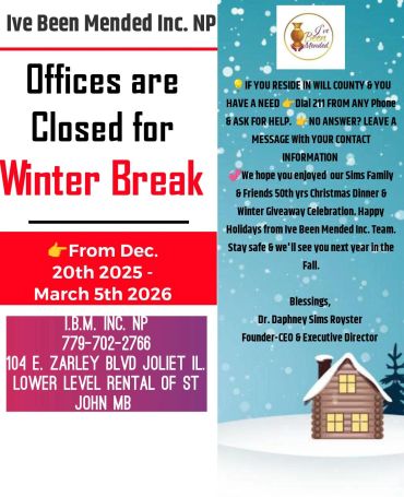 Notice of office closure for winter break from Dec 20, 2025 to March 5, 2026 by Ive Been Mended Inc.