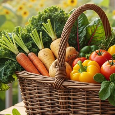 A basket of fresh vegetables on a wooden table with sunflowers in the background.